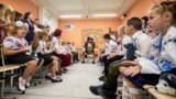 UKRAINE -- Children mark the start of the new school year, known as the 'Day of Knowledge,' at an underground school in Kharkiv, Ukraine, 02 September 2024