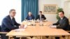 Serbian President Aleksandar Vucic (left) and Kosovo Prime Minister Albin Kurti (right) are in Brussels for talks supervised by EU foreign policy chief Josep Borrell (center left).