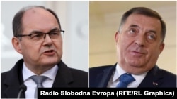 Sanctioned Bosnian Serb leader Milorad Dodik (right) wants to bar UN envoy High Representative Christian Schmidt (left) from meetings.