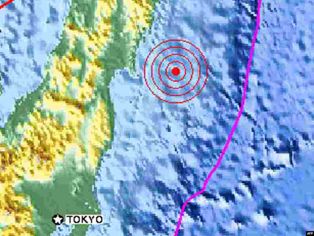 Japan--The massive 8.8 magnitude earthquake that struck off Japan, fragmant, 11Mar2011 - Эта карта, полученная из Геологической службы США (USGS) иллюстрирует землетрясение магнитудой 8,8-8,9 у берегов Японии в пятницу, 11 марта 2011 года. AFP PHOTO / USGS