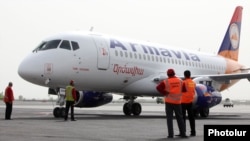 Armenia- Armavia's newly purchased Sukhoi SuperJet 100 plane at Yerevan's Zvartnots airport, 19Apr2011.