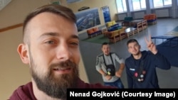 Nenad Gojkovic poses with fellow students during a blockade on May 28.