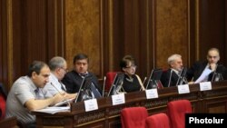 Armenia - Nikol Pashinian (L) and other deputies from the opposition Armenian National Congress attend a parliament session, Yerevan, 22June2012.