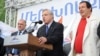 Armenia - Prosperous Armenia Party leader Gagik Tsarukian (R) and former Foreign Minister Vartan Oskanian (C) and Samvel Balasanian at an election campaign rally in Yerevan, 03May2012.