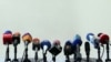 Armenia - TV and radio microphones set for a news conference in Yerevan.