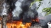 A World Food Program warehouse set on fire by alleged Taliban militants in Swat Valley's Kanju region
