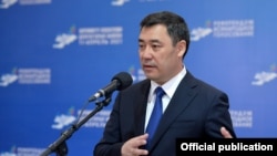 Kyrgyz President Sadyr Japarov speaks after voting in a constitutional referendum in Bishkek on April 11.