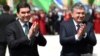 Turkmen President Gurbanguly Berdymukhammedov (left) and Uzbek President Shavkat Mirziyoev in Tashkent on April 24