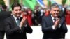 Turkmen President Gurbanguly Berdymukhammedov (left) and his Uzbek counterpart Shavkat Mirziyoev visit Uzbekistan's western Khorezm region on April 24. 