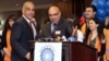 Armenia - Zharangutyun party leader Raffi Hovannisian (L) and Free Democrats party leader Khachatur Kokobelian announce the start of their bloc's election campaign in Yerevan, 9Apr2012.